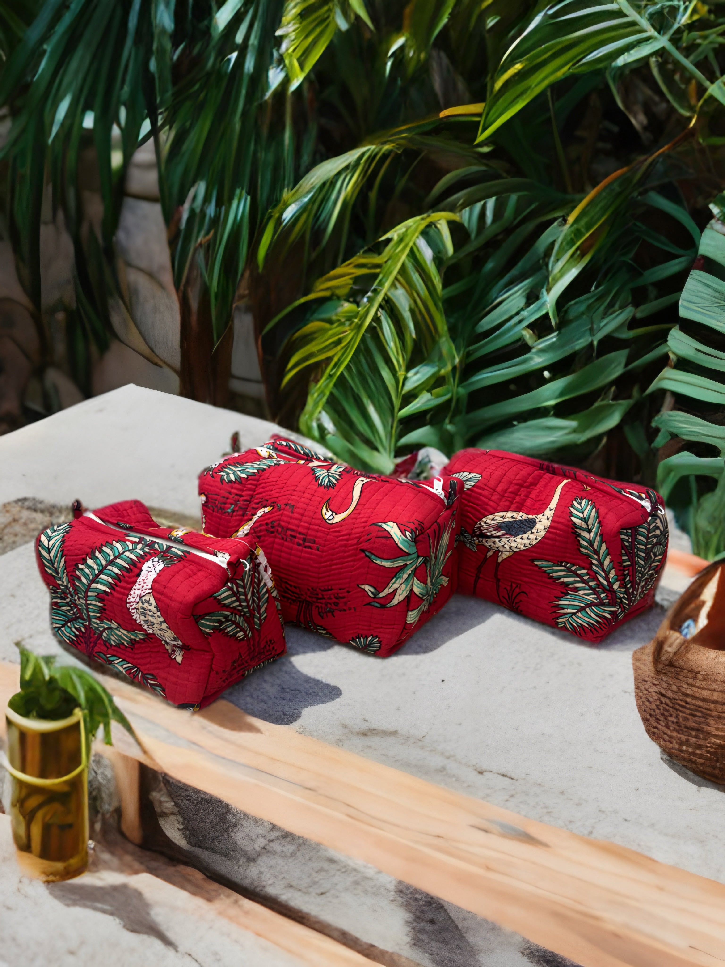 Red Crane Print Quilted Travel Bag Set