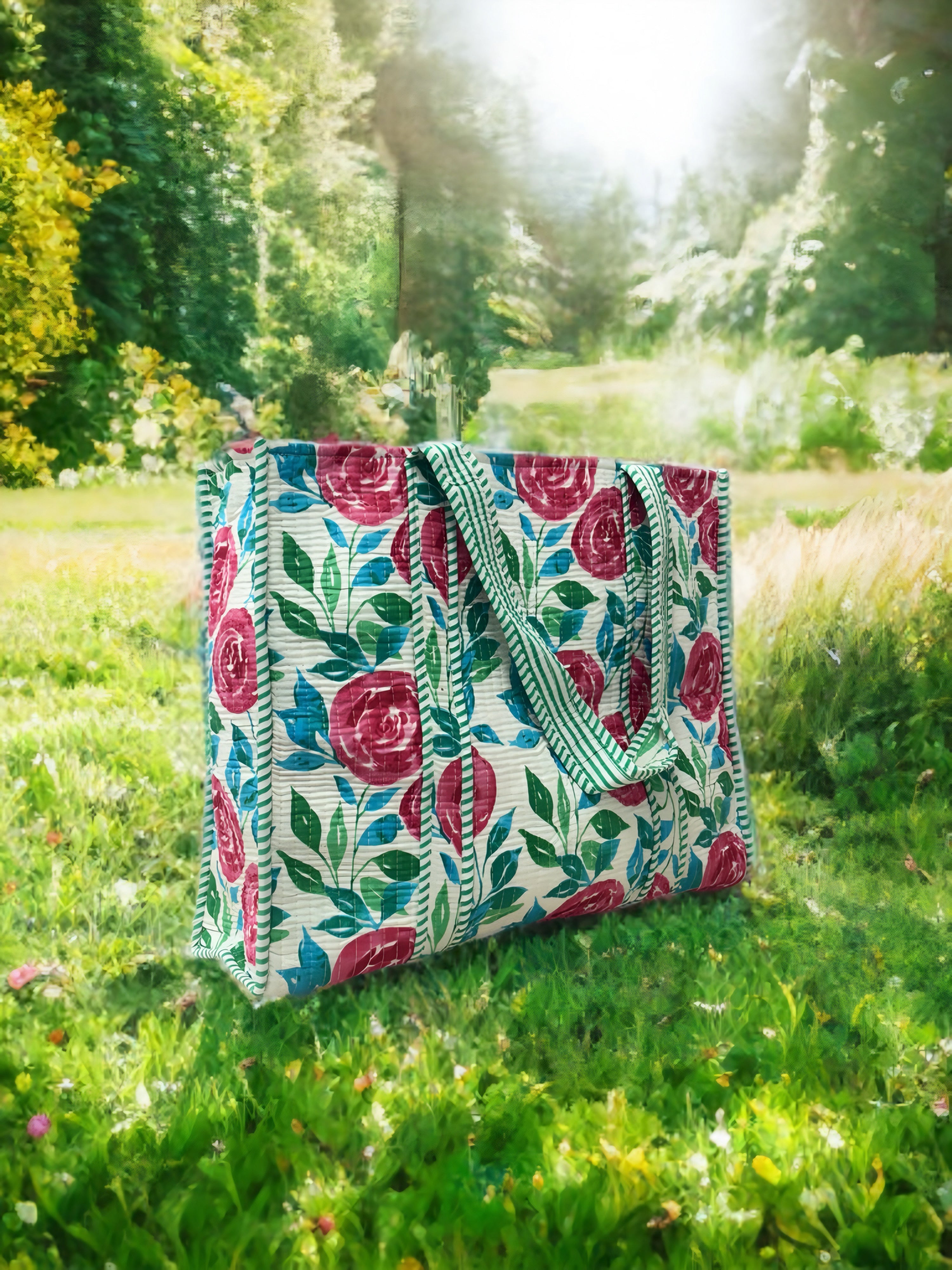 White & Green Floral Quilted Tote Bag
