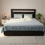 White & Blue-Mustard Ikat Cotton Bed Sheet with Pillow Covers –Double Bed Sheet