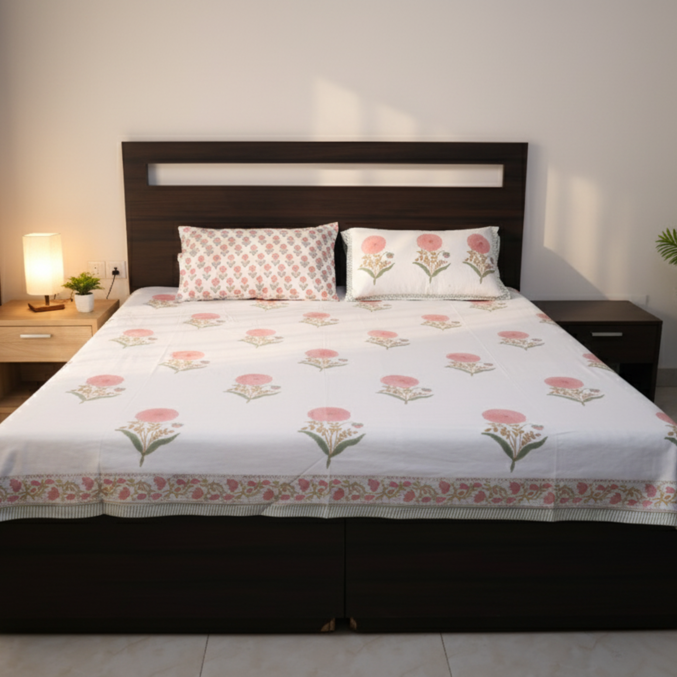 White & Pink Floral Buta Hand Block Cotton Bed Sheet with Pillow Covers – Queen/King Size