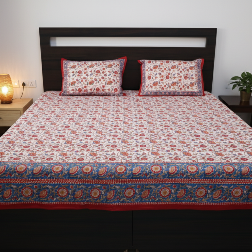 Jaipur Heritage Floral Block Print Double Bed Sheet with Pillow Covers – Red & White