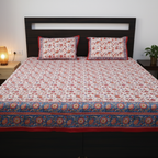 Jaipur Heritage Floral Block Print Double Bed Sheet with Pillow Covers – Red & White