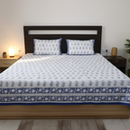 White & Indigo Paisley Hand Block Cotton Bed Sheet with Pillow Covers – Queen/King Size