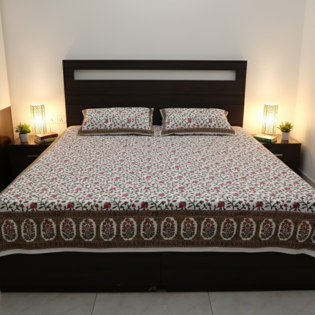 White & Pink Floral Vine Hand Block Cotton Bed Sheet with Pillow Covers – Queen/King Size