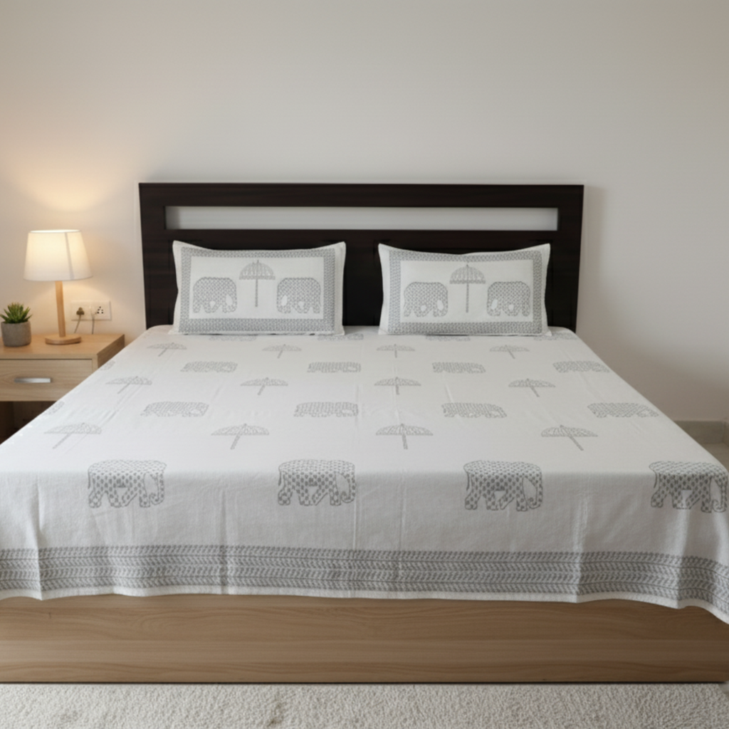 Grey Elephant & Umbrella Print Cotton Bedsheet with Pillow Covers – Double Bed Sheet