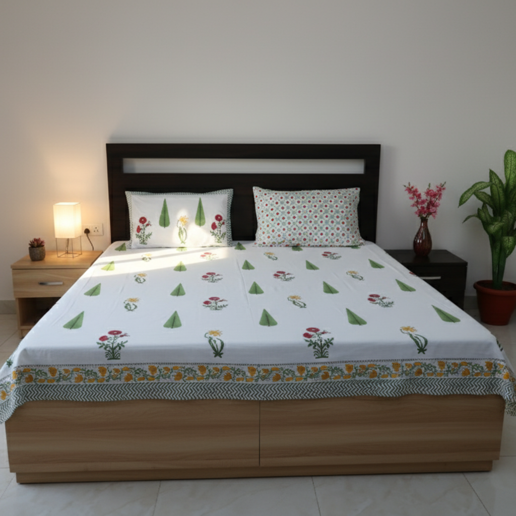 White & Green Cypress Floral Hand Block Cotton Bed Sheet with Pillow Covers – Queen/King Size