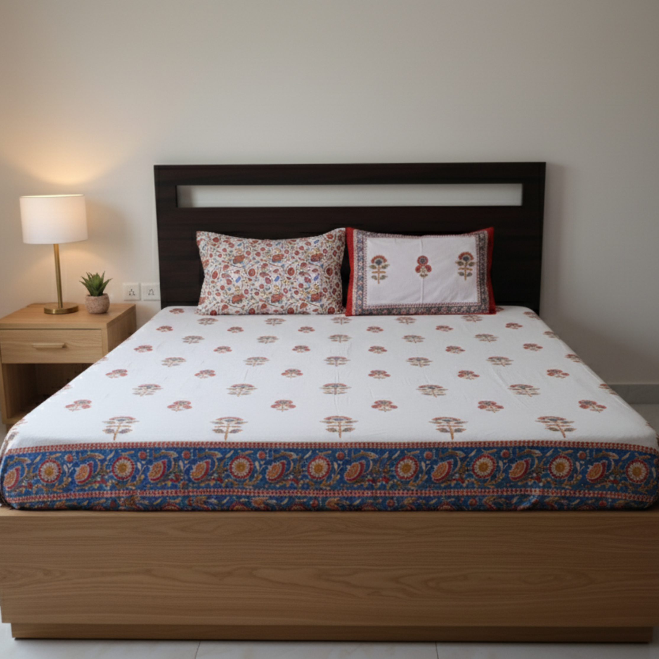 White & Red-Blue Floral Buta Hand Block Cotton Bed Sheet with Pillow Covers – Queen/King Size