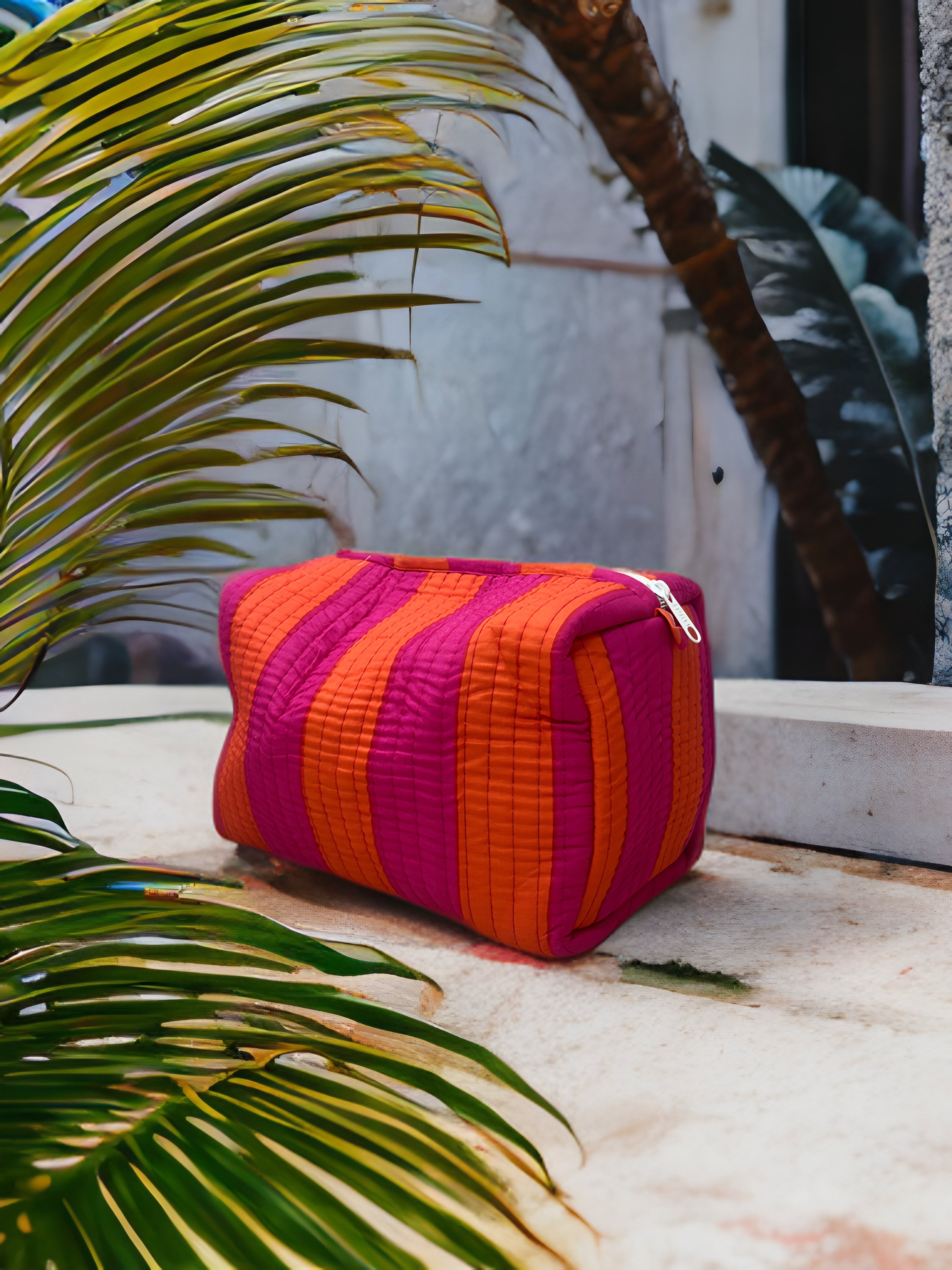 Pink & Orange Striped Quilted Travel Bag Set