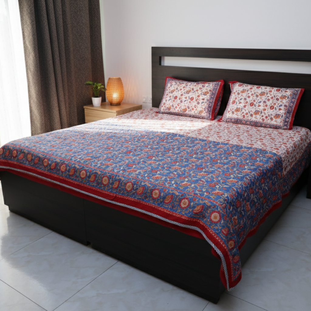 Red & Blue Floral Vine Hand Block Cotton Mulmul Reversible Dohar Double Bed with King Size Bed Sheet +Pillow Cover Combo