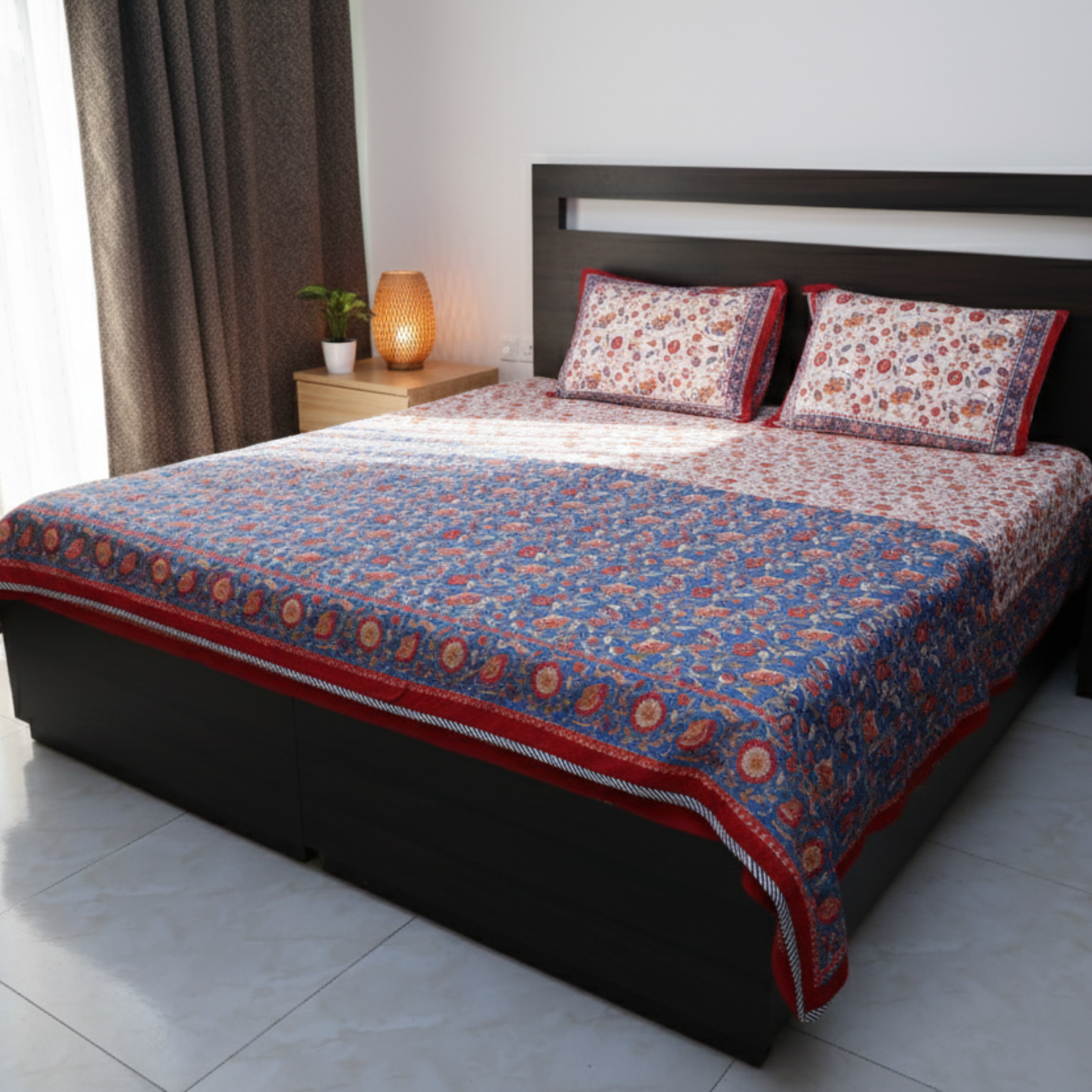 Red & Blue Floral Vine Hand Block Cotton Mulmul Reversible Dohar Double Bed with King Size Bed Sheet +Pillow Cover Combo