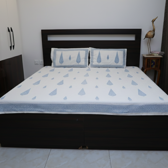 White & Sky Blue Cypress  Cotton Bed Sheet with Pillow Covers- Double Bed Sheet
