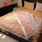 Mustard Yellow & Red Floral Hand Block Cotton Mulmul Reversible Dohar Double Bed with King Size Bed Sheet +Pillow Cover Combo