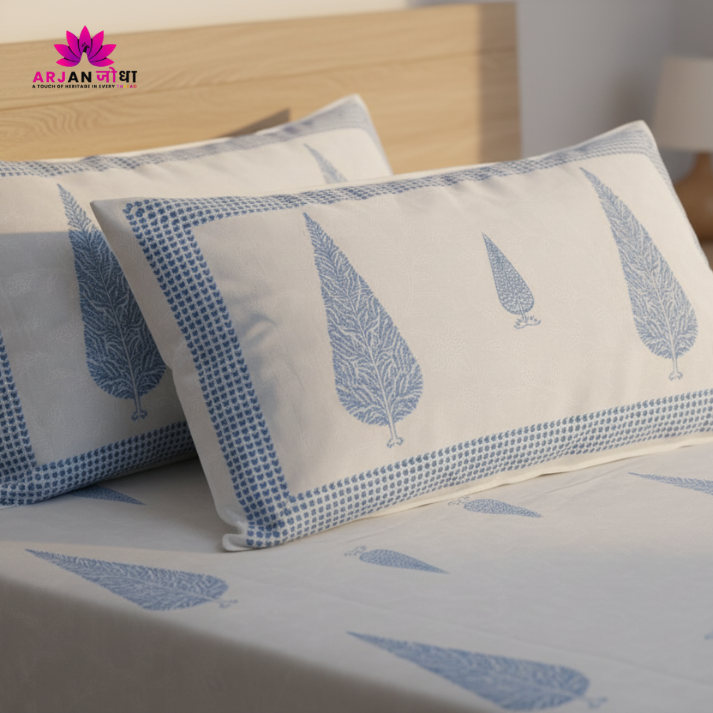 White & Sky Blue Cypress  Cotton Bed Sheet with Pillow Covers- Double Bed Sheet
