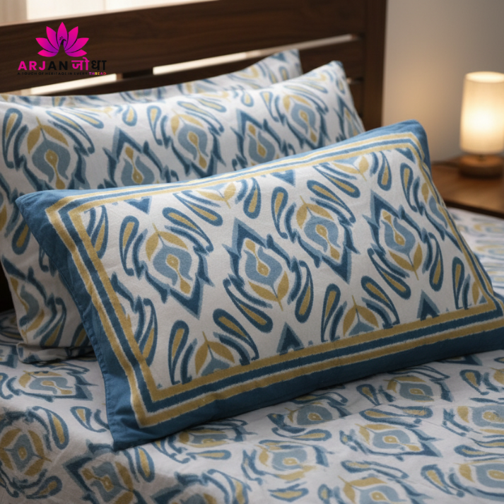 White & Blue-Mustard Ikat Cotton Bed Sheet with Pillow Covers –Double Bed Sheet