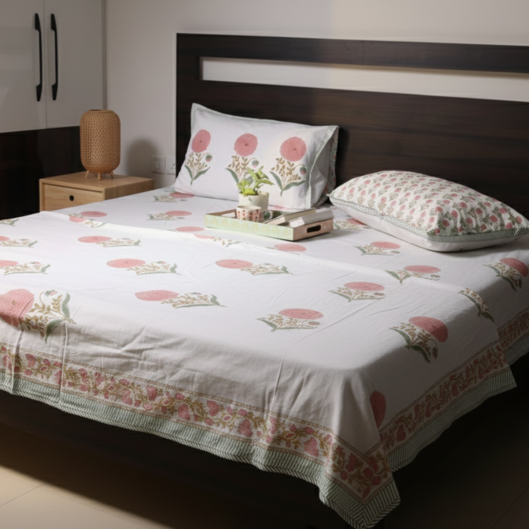 White & Pink Floral Buta Hand Block Cotton Mulmul Reversible Dohar with King Size Bed Sheet +Pillow Cover Combo