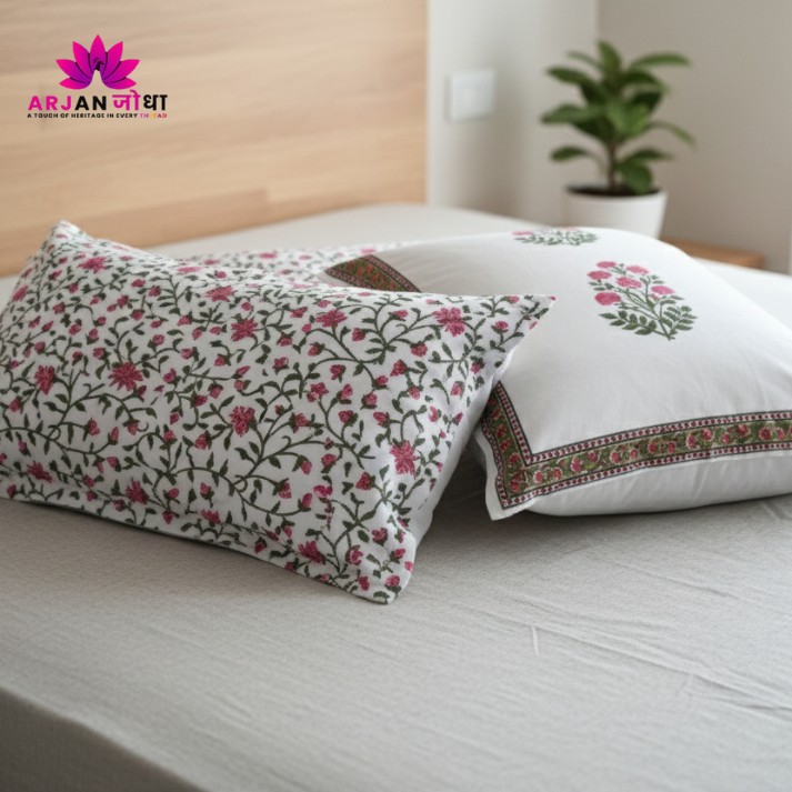 White & Pink Floral Vine Hand Block Cotton Bed Sheet with Pillow Covers – Queen/King Size