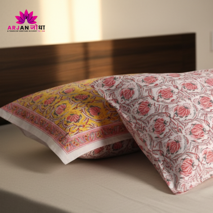 Mustard & Pink Floral Hand Block Print Cotton Bedsheet with Pillow Covers – Queen/King Size