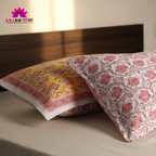Mustard & Pink Floral Hand Block Print Cotton Bedsheet with Pillow Covers – Queen/King Size