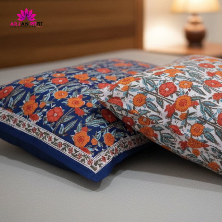 Jaipur Heritage Floral Block Print Double Bed Sheet with Pillow Covers – Red & White