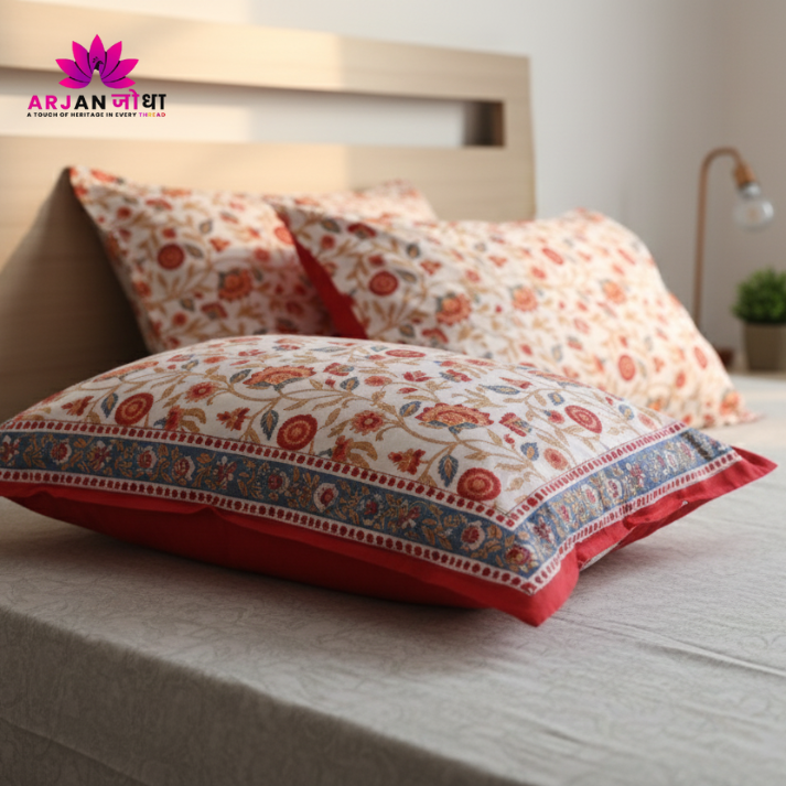 Jaipur Heritage Floral Block Print Double Bed Sheet with Pillow Covers – Red & White