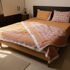 Mustard Yellow & Red Floral Hand Block Cotton Mulmul Reversible Dohar Double Bed with King Size Bed Sheet +Pillow Cover Combo