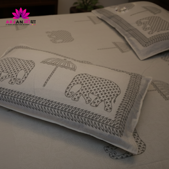 Grey Elephant & Umbrella Print Cotton Bedsheet with Pillow Covers – Double Bed Sheet