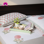 White & Pink Floral Buta Hand Block Cotton Bed Sheet with Pillow Covers – Queen/King Size