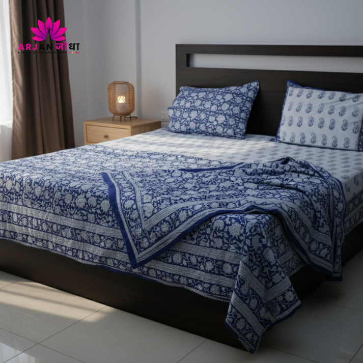 White & Indigo Paisley Floral Hand Block Cotton Mulmul Reversible Dohar Double Bed with King Size Bed Sheet Pillow Cover Combo