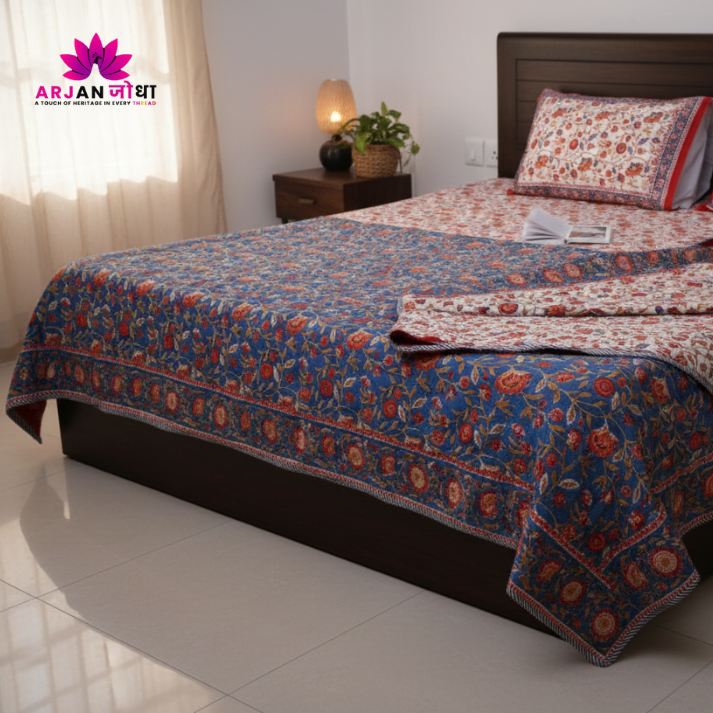 Red & Blue Floral Vine Hand Block Cotton Mulmul Reversible Dohar Double Bed with King Size Bed Sheet +Pillow Cover Combo