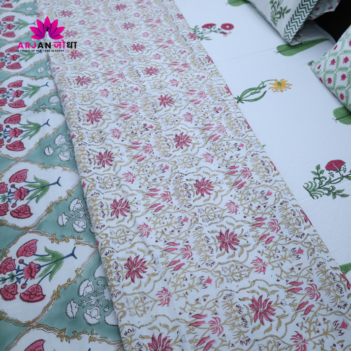 Pink Vine & Mint Green Floral Hand Block Cotton Mulmul Reversible Dohar Bed Sheet with King Size Bed Sheet +Pillow Cover Combo