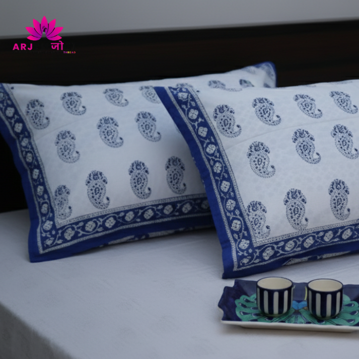 White & Indigo Paisley Hand Block Cotton Bed Sheet with Pillow Covers – Queen/King Size