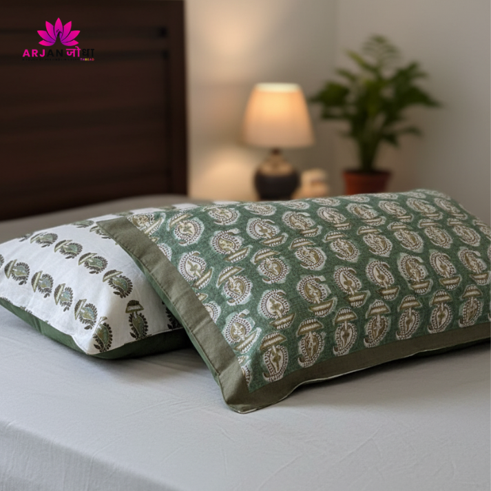 Sage Mughal Bloom Bed Sheet Cotton Bedsheet with Pillow Covers – Double Bed Sheet