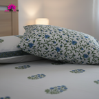 White & Blue Floral Buta Hand Block Cotton Bed Sheet with Pillow Covers – Queen/King Size