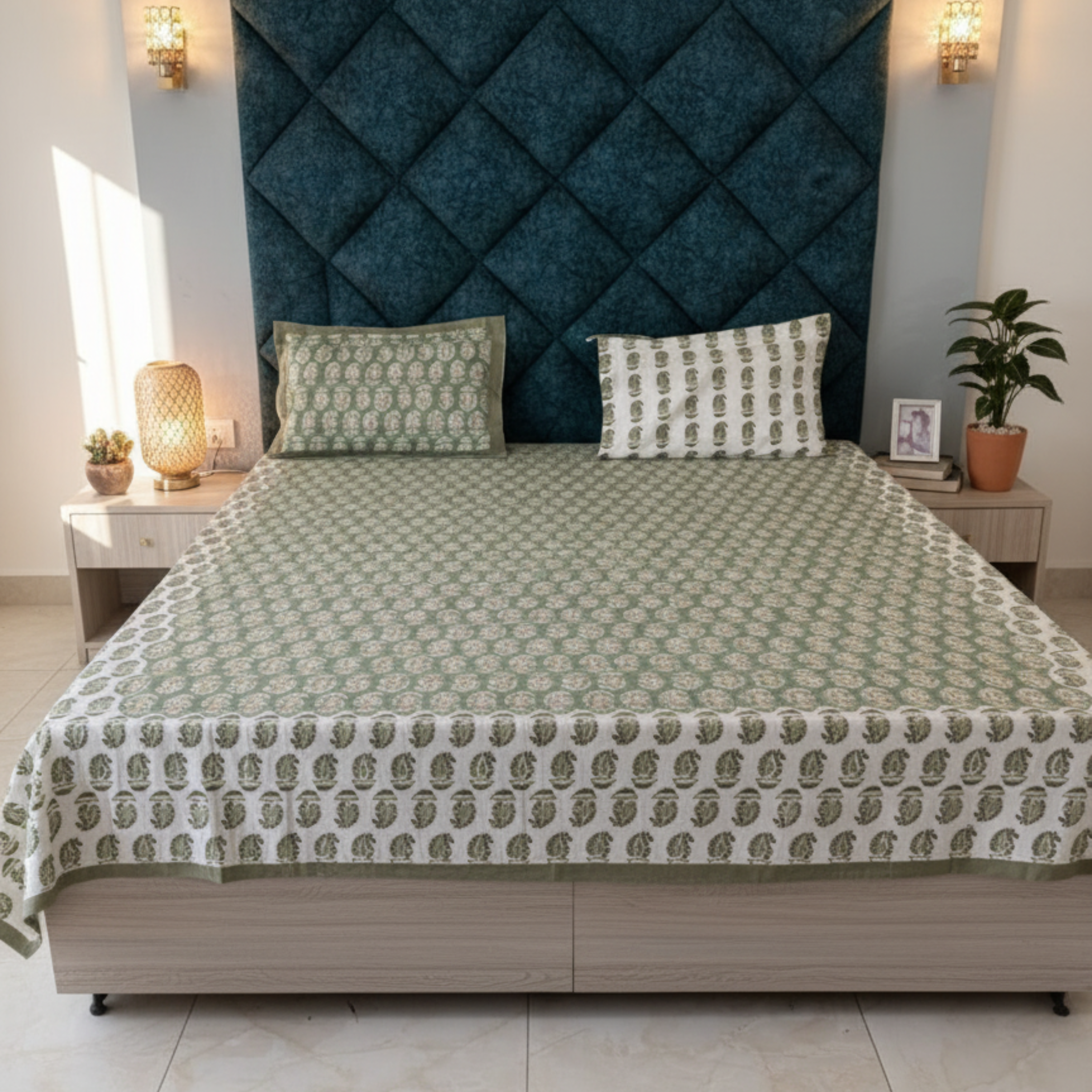 Sage Mughal Bloom Bed Sheet Cotton Bedsheet with Pillow Covers – Double Bed Sheet