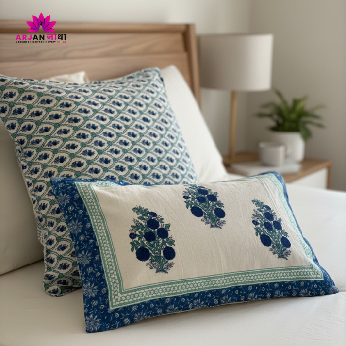 Blue Blossom Hand Block Cotton Bed Sheet Bedsheet with Pillow Covers – Double Bed Sheet