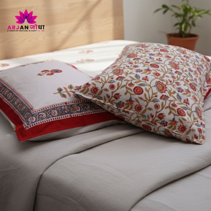 White & Red-Blue Floral Buta Hand Block Cotton Bed Sheet with Pillow Covers – Queen/King Size