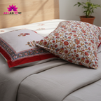 White & Red-Blue Floral Buta Hand Block Cotton Bed Sheet with Pillow Covers – Queen/King Size