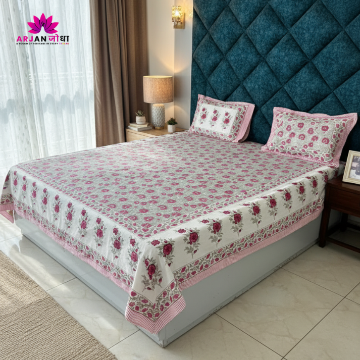 Rose Blossom Heritage Cotton Bed Sheet with Pillow Covers – Double Bed Sheet