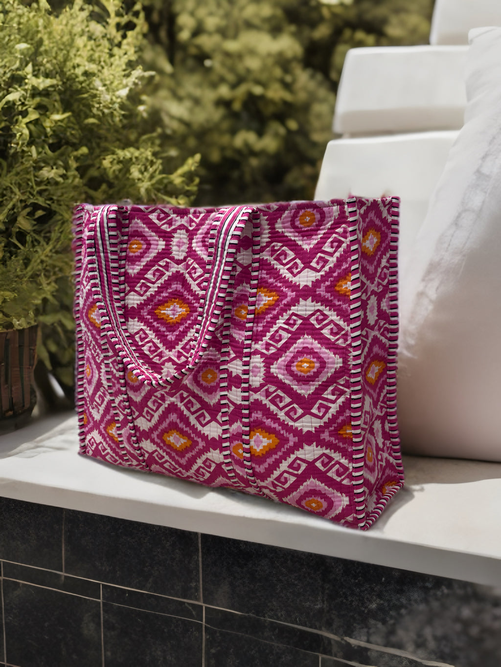 Magenta Ikat Hand Block Quilted Tote Bag