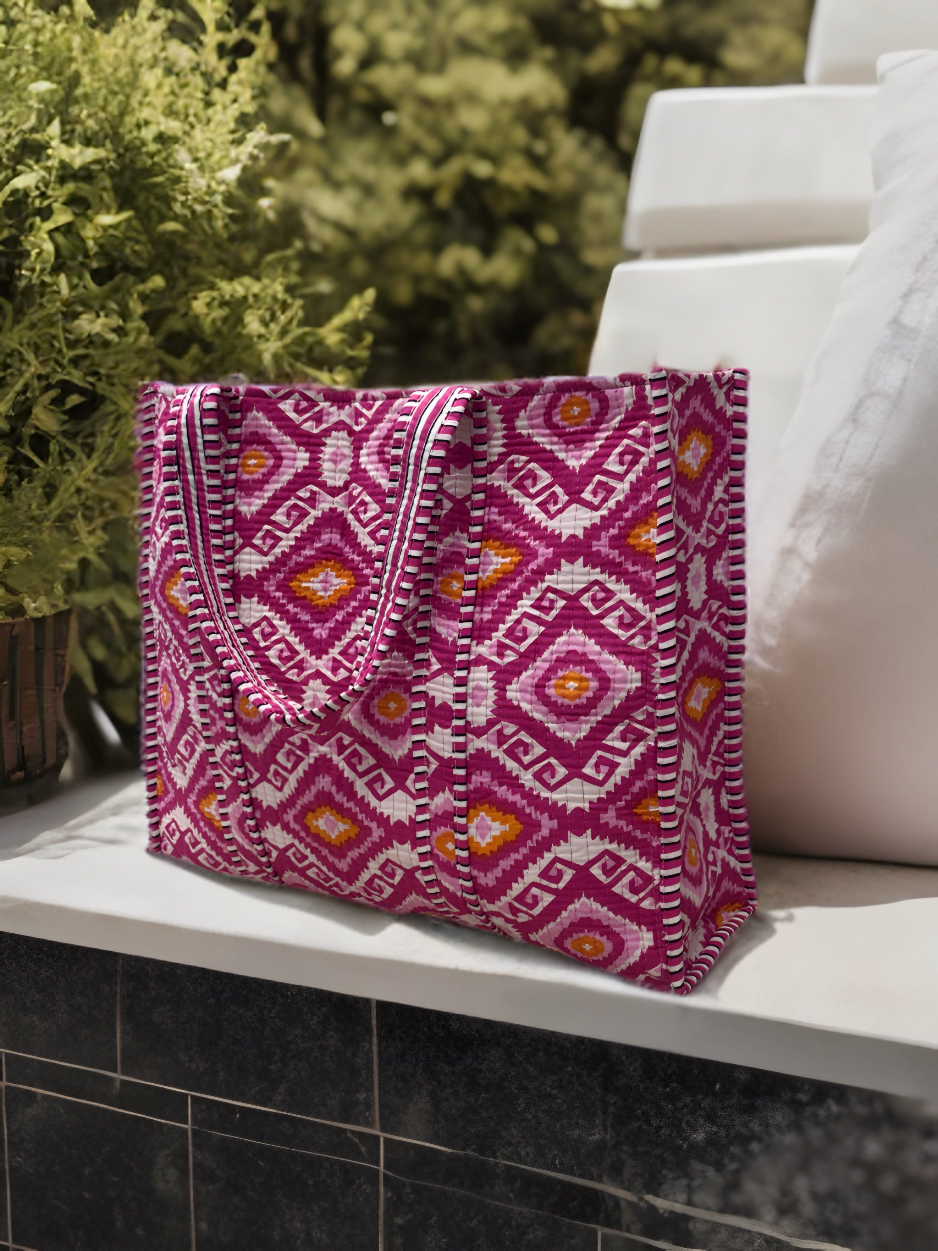 Magenta Ikat Hand Block Quilted Tote Bag