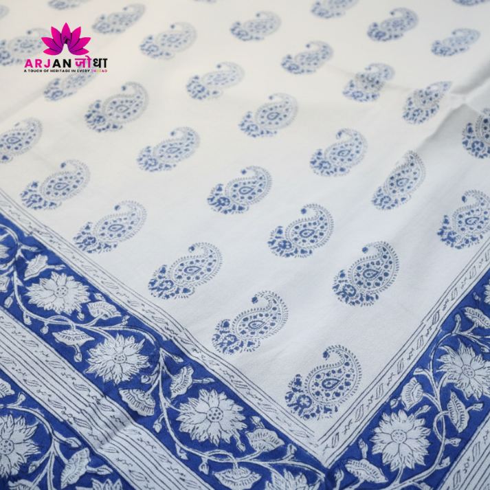 White & Indigo Paisley Floral Hand Block Cotton Mulmul Reversible Dohar Double Bed with King Size Bed Sheet Pillow Cover Combo