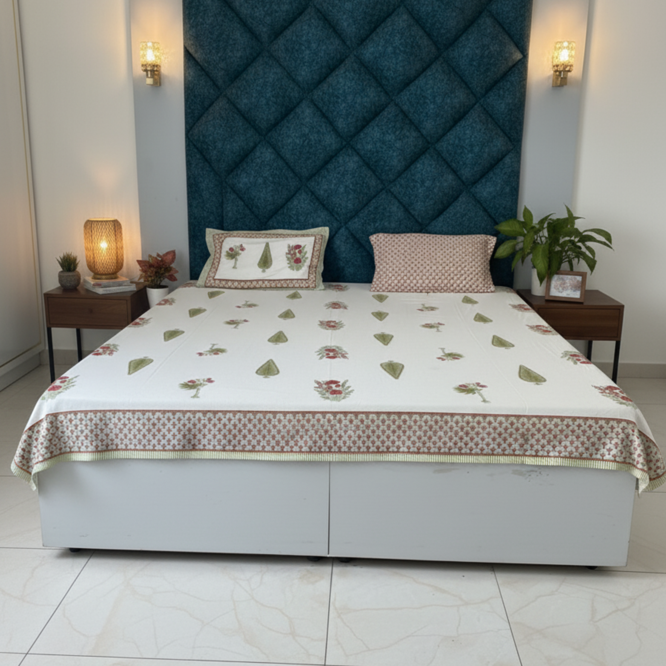 Red & Green Heritage Buta Cotton Bedsheet with Pillow Covers – Double Bed Sheet