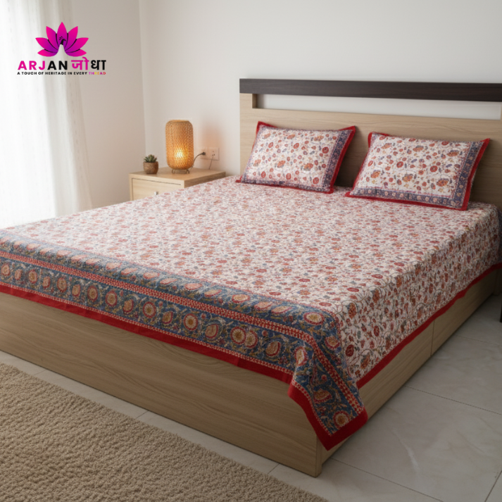 Jaipur Heritage Floral Block Print Double Bed Sheet with Pillow Covers – Red & White