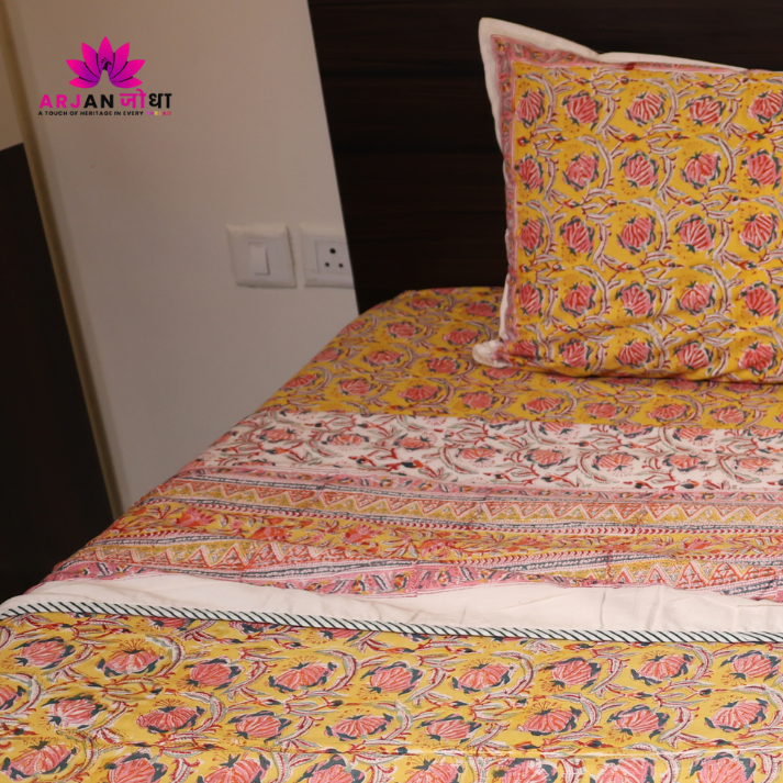 Pink, Yellow, and Blue Accents Hand Block Cotton Mulmul Reversible Dohar Double Bed