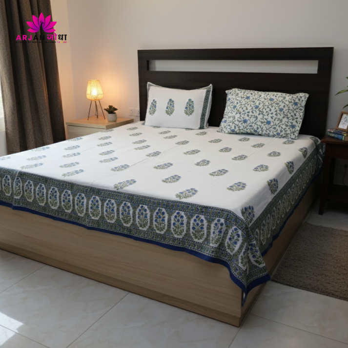 White & Blue Floral Buta Hand Block Cotton Bed Sheet with Pillow Covers – Queen/King Size