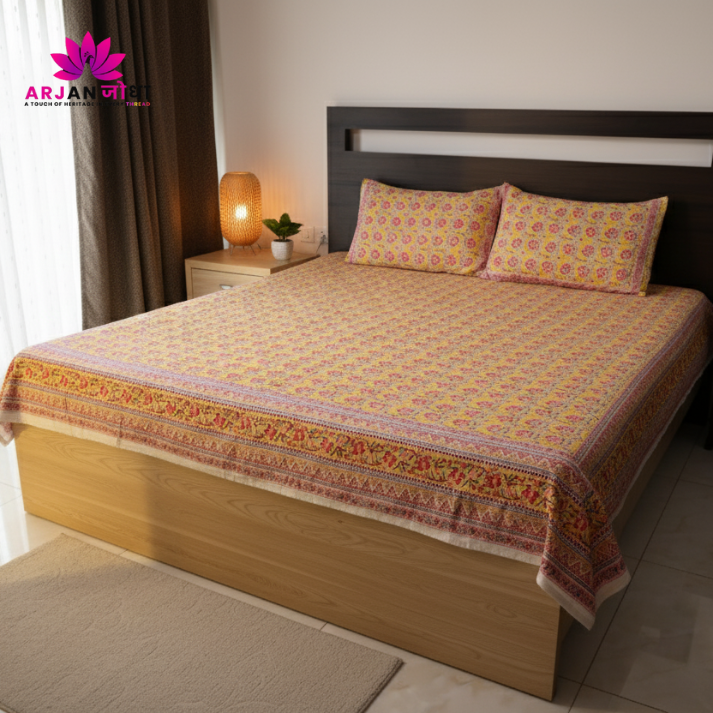 Mustard & Pink Floral Hand Block Print Cotton Bedsheet with Pillow Covers – Queen/King Size