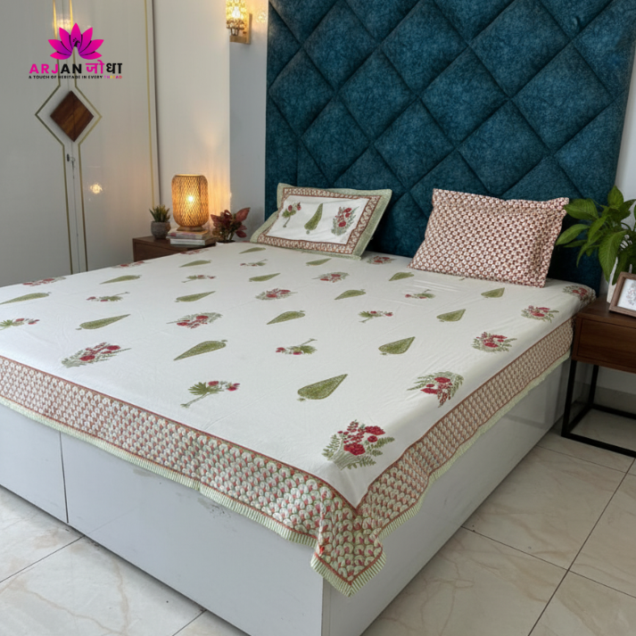 Red & Green Heritage Buta Cotton Bedsheet with Pillow Covers – Double Bed Sheet