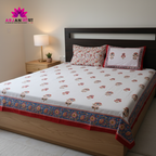 White & Red-Blue Floral Buta Hand Block Cotton Bed Sheet with Pillow Covers – Queen/King Size