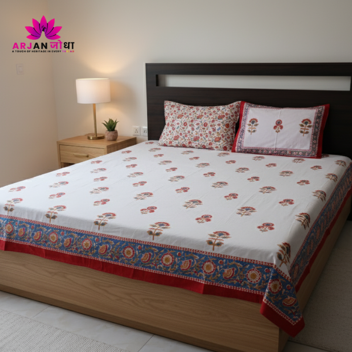 White & Red-Blue Floral Buta Hand Block Cotton Bed Sheet with Pillow Covers – Queen/King Size