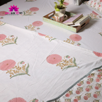 White & Pink Floral Buta Hand Block Cotton Mulmul Reversible Dohar with King Size Bed Sheet +Pillow Cover Combo